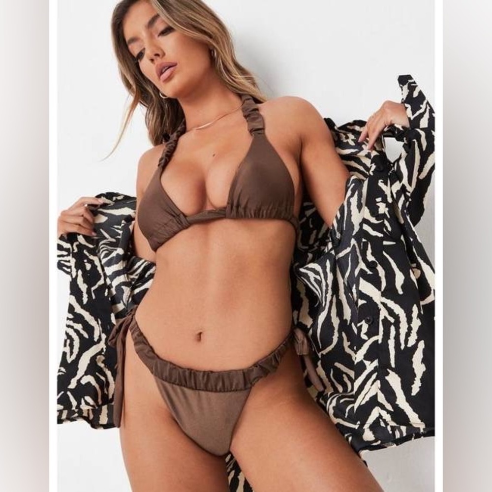 Missguided Chocolate Shimmer Ruched Strap Triangle Bikini Set Size 8